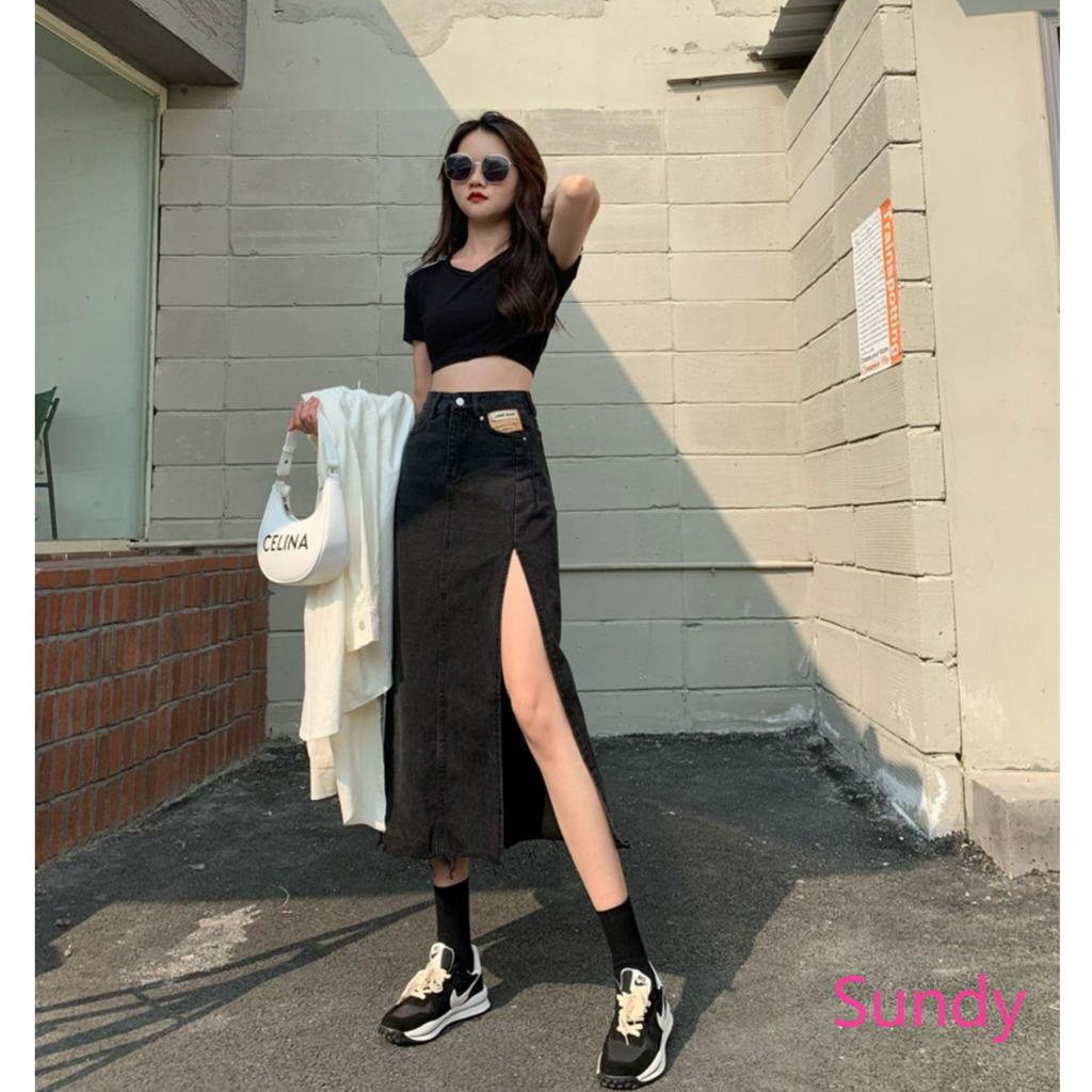 Chân váy jean chữ A lưng cao xẻ tà thời trang mùa hè dành cho nữ