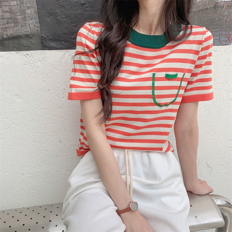 Áo Sweater Dệt Kim Phối Màu Tương Phản Có Túi Nhỏ Họa Tiết Kẻ Sọc Màu Tương Phản Phong Cách Hàn Quốc Mới