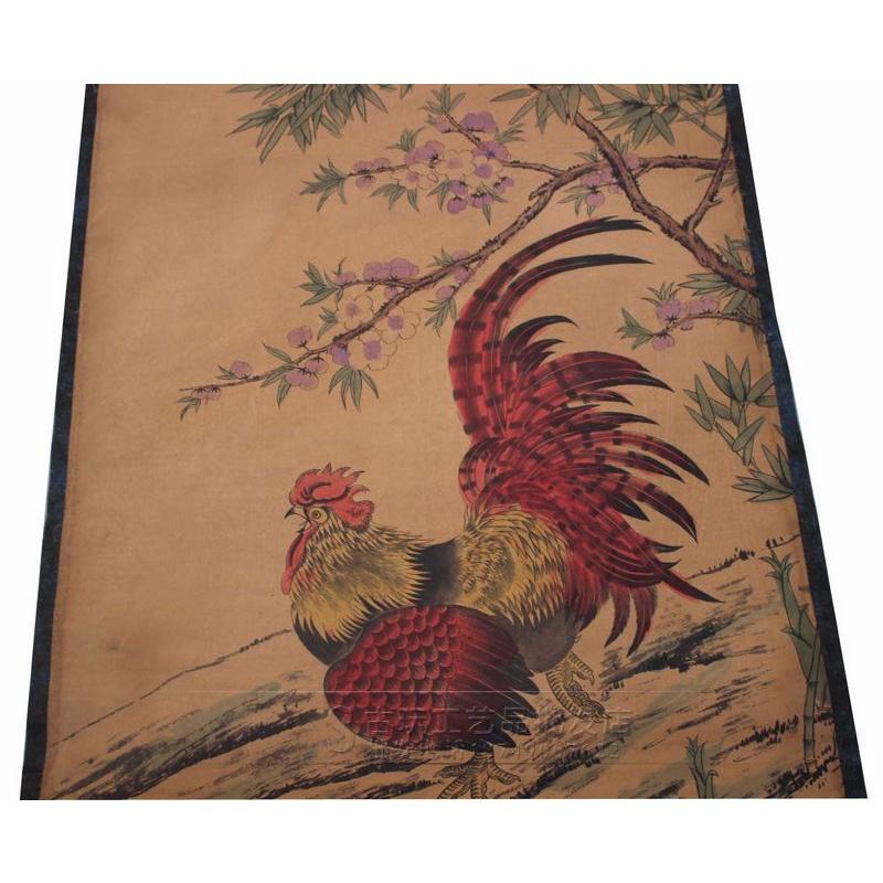 Tranh giả cổ KIM KÊ BÁO HIỂU, Tranh giấy xuyến chỉ viền bo lụa size lớn 155 x 74cm