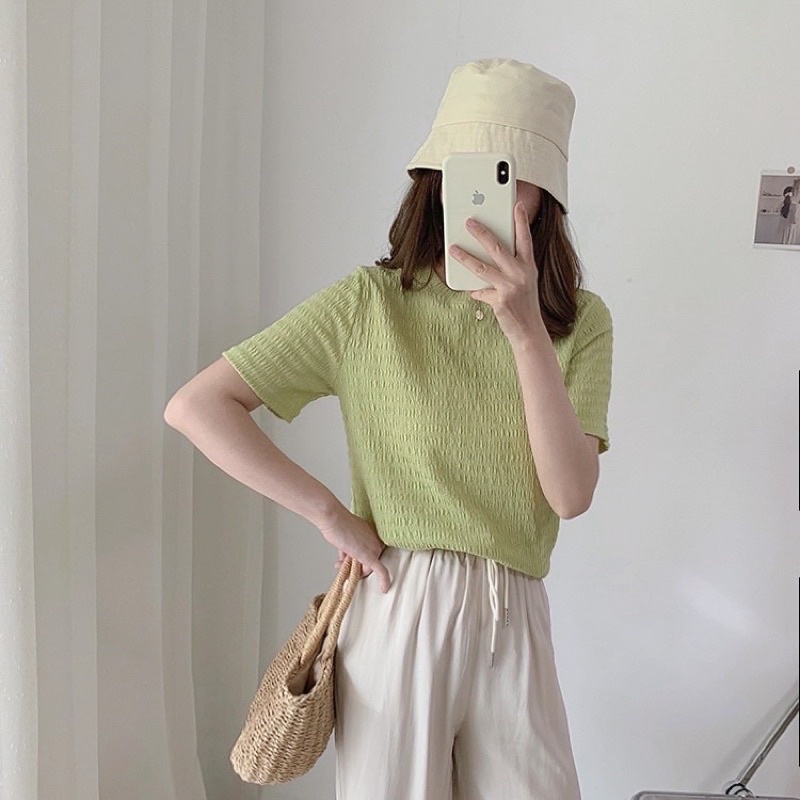 Áo thun xốp nhăn tay ngắn cổ tròn màu pastel