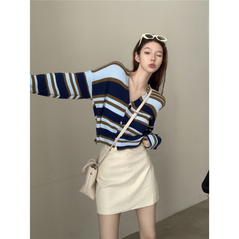 Áo cardigan ZHELIHANGFEI dệt kim tay dài cổ chữ V lưng cao kẻ sọc thiết kế quyến rũ cho nữ