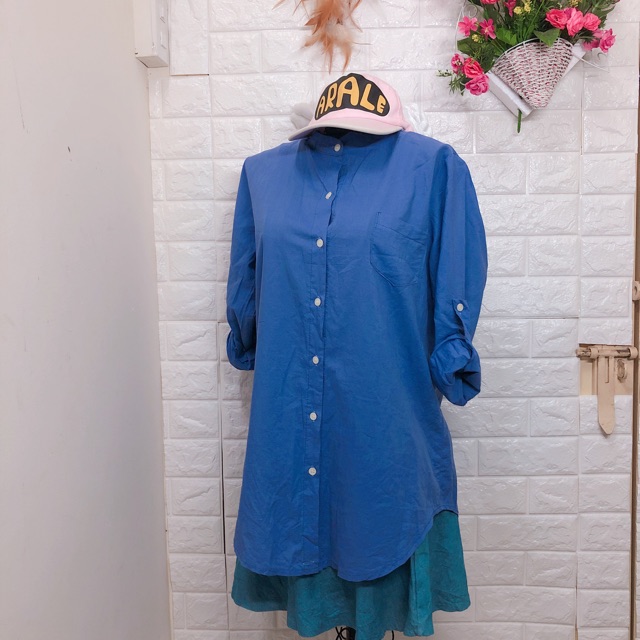 Thanh lý áo sơ mi cổ trụ form dài xanh dương
