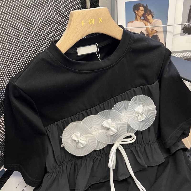 Japanese retro short sleeve T-shirt women's summer 2022 new design sense three-dimensional flower Ruffle bow top