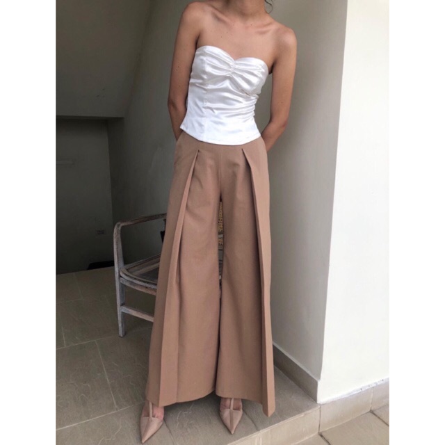 🎏🎏Set trang phục áo cúp ngực nhún dây lưng màu trắng trơn và quần ống rộng màu nude nhún li [TM2900]