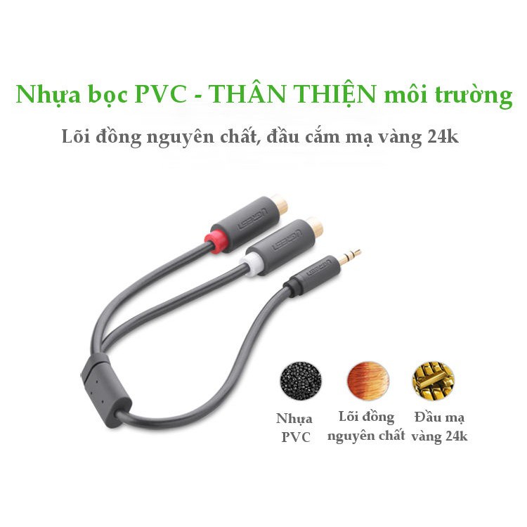 Dây chuyển đổi 3.5mm đực sang 2 đầu RCA cái dài 25CM màu đen UGREEN AV109 10547