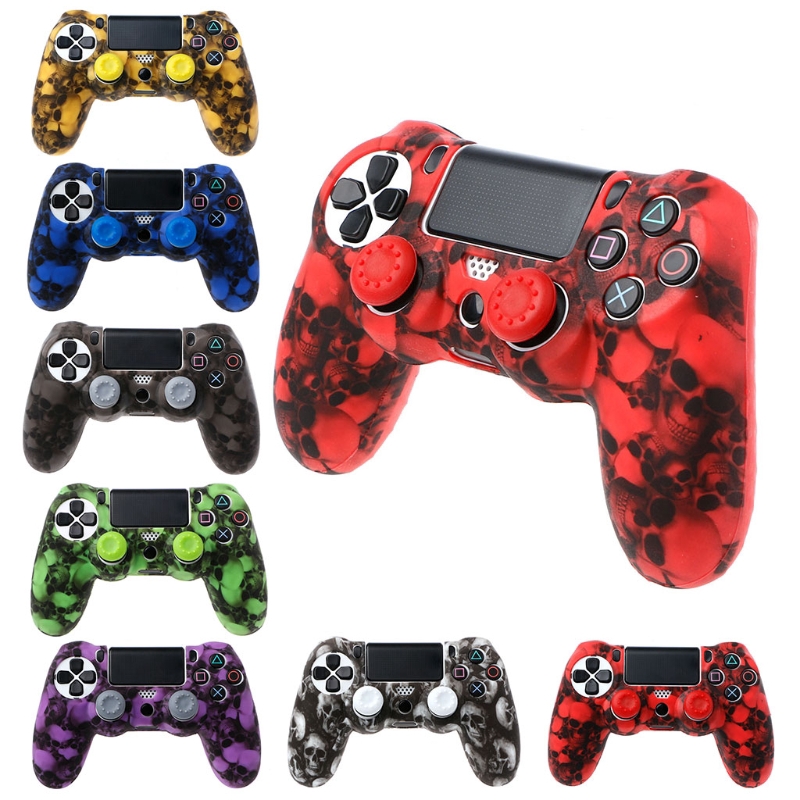 ❀CRE ❀ Skull Silicone Gamepad Cover Case + 2 Joystick Caps For PS4 Pro Slim Controller