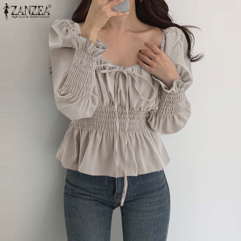 Áo kiểu ZANZEA tay dài loe xếp li lưng thun thời trang cho nữ