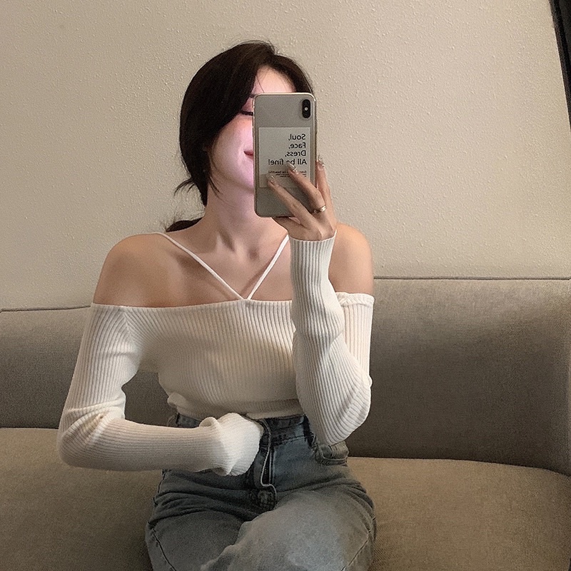 Áo thun len, áo trễ vai cách điệu chất liệu len tăm mềm mịn kiểu dáng ôm body hai màu đen trắng thời trang dành cho nữ