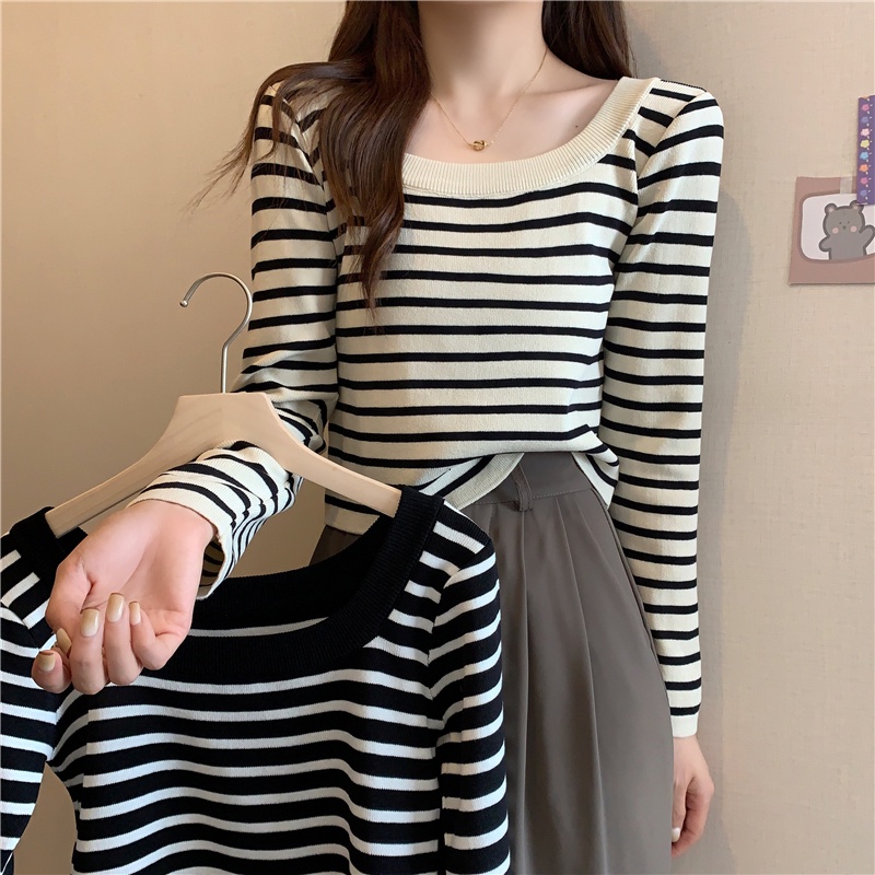 Áo len ZHELIHANGFEI tay dài họa tiết kẻ sọc thời trang dành cho nữ