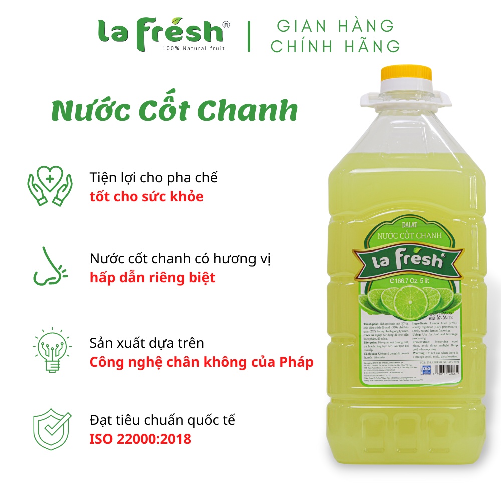 Nước Cốt Chanh Vắt Không Đường, Nguyên chất 100% LAFRESH Đà Lạt, Can 5L