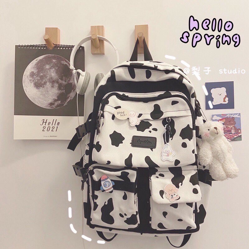 Balo họa tiết bò sữa ulzzang nhiều ngăn HD639