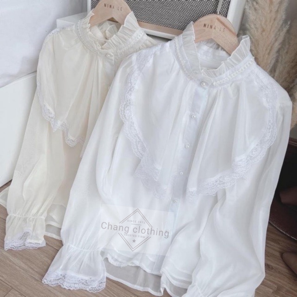Áo sơ mi nữ tay phồng tiểu thư phối ren họa tiết kiểu hàn quốc màu trắng kem - Áo sơ mi kiểu nữ tay dài bồng mặc công sở