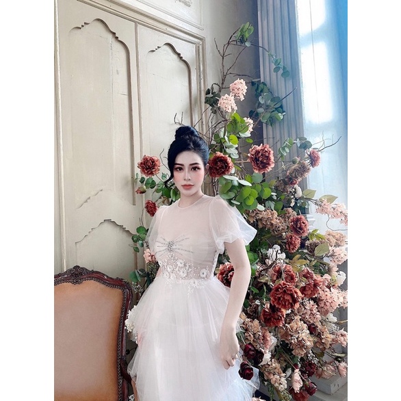 Đầm xoè công chúa tay phồng xếp tầng kết hoa nổi và cườm siêu xinh MYMY04 - size M/L - MS367V