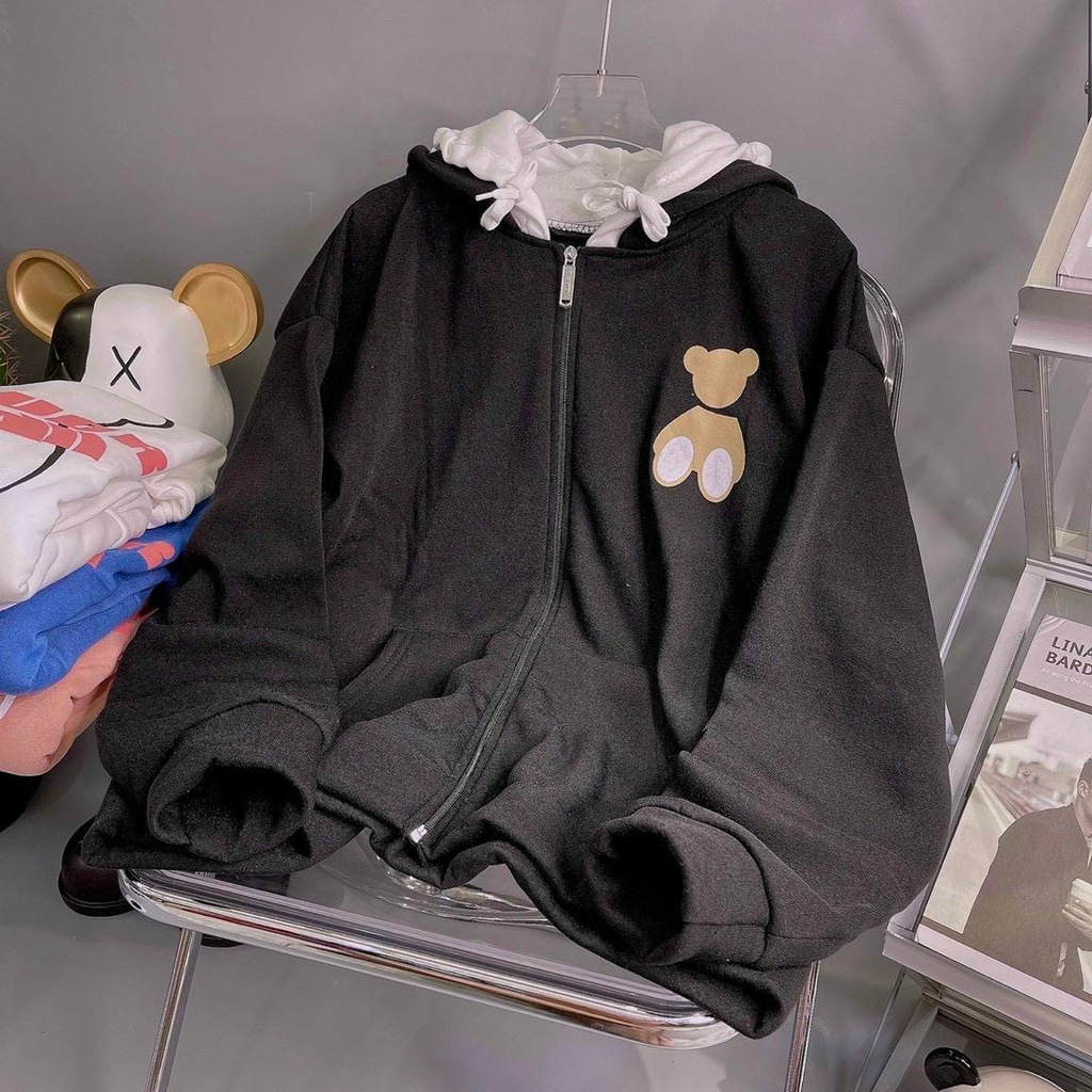 Áo Khoác Hoodie Nỉ Thun Nam Nữ Form Rộng Khóa Kéo Logo Gấu Mũ 2 Lớp