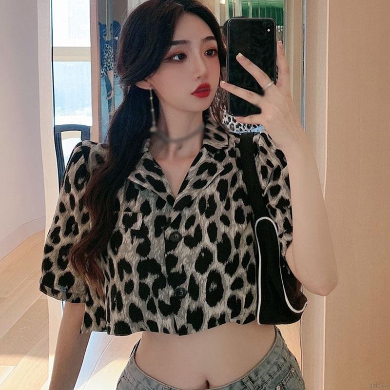 Áo Croptop Tay Ngắn Hoạ Tiết Da Báo Phong Cách Retro