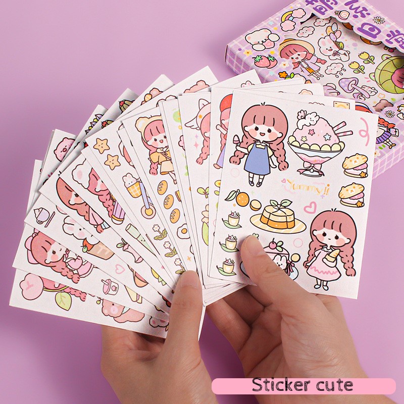 Sticker cute hình dán sổ tay 50 tấm dễ thương dán sổ trang trí cô bé có hộp ST43