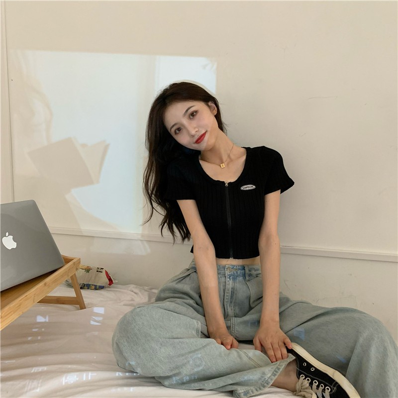 Áo Croptop Xiaozhainv Tay Ngắn Phối Khóa Kéo Phong Cách Hàn Gợi Cảm Với 5 Màu Tùy Chọn Cho Nữ