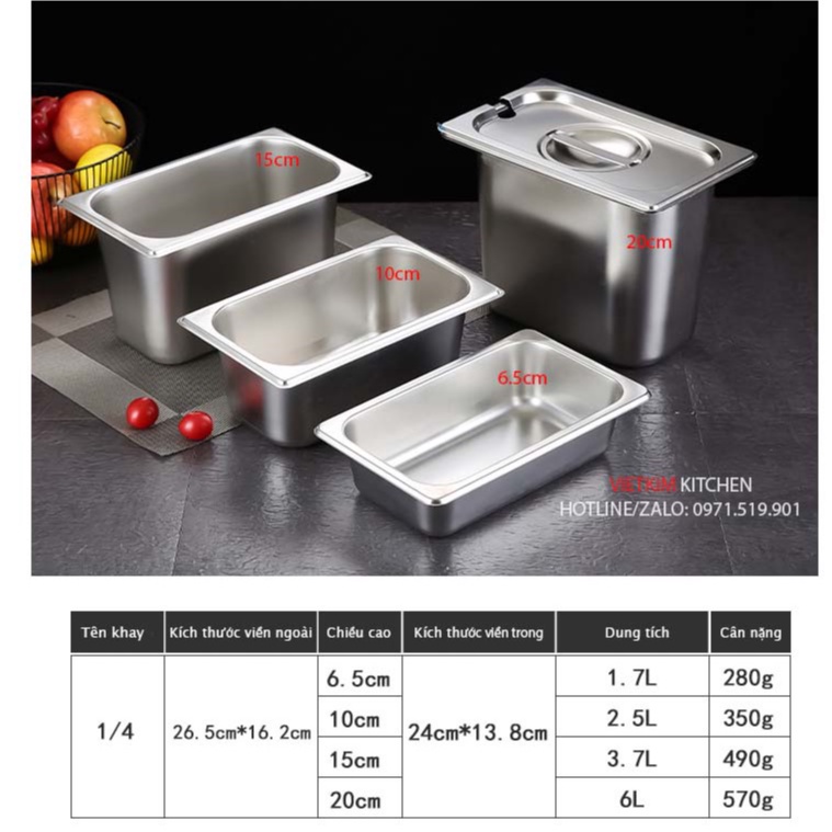 Khay đựng thạch trà sữa inox 304 loại gn 1/4 sâu 15cm có nắp