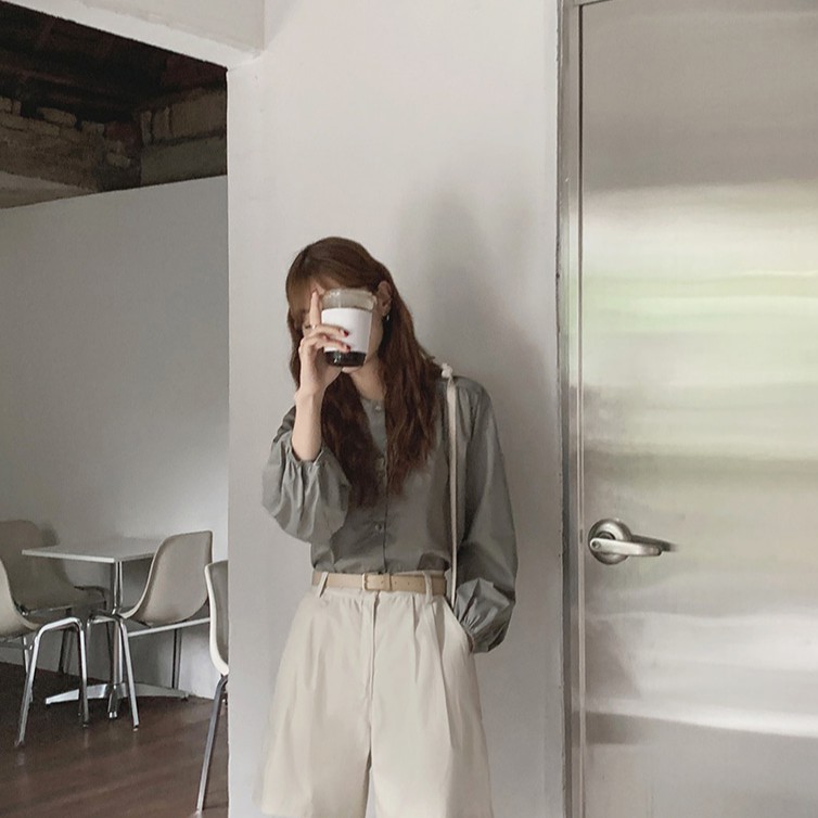 Áo sơ mi Peppermint 36636 tay dài cổ vuông màu trơn đơn giản thời trang cho nữ