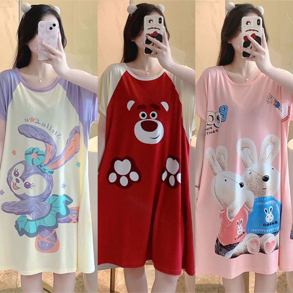【Spot】Girls Long Skirt Nightwear Nightwear Bigsize Short Sleeve Pajamas With Padded Bust Cute Cartoon Pattern For Women