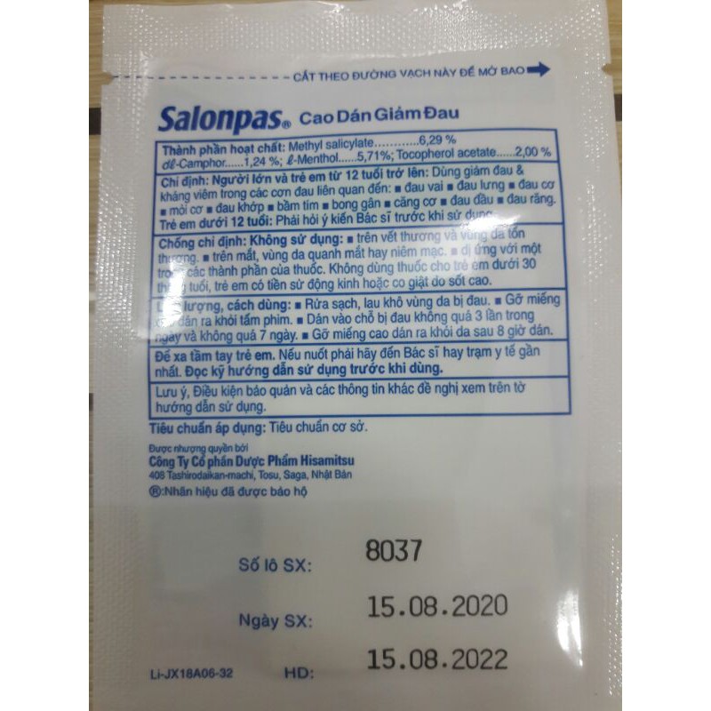 Hàng mẫu Salonpas ( hộp 2 miếng× 50 bich)