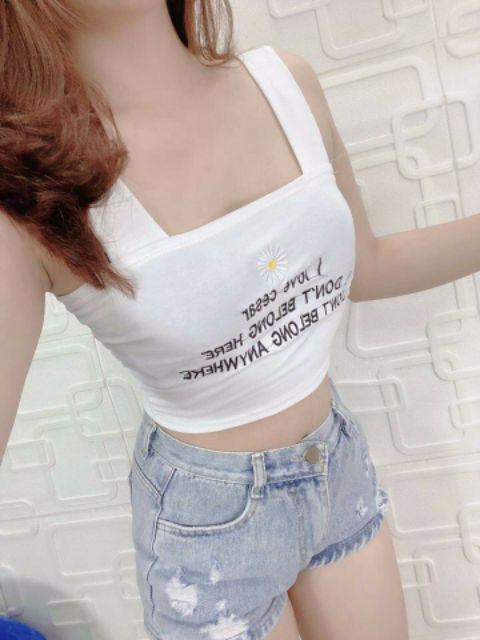 Áo 2 dây croptop bảng bự thêu hoa cúc siêu đẹp