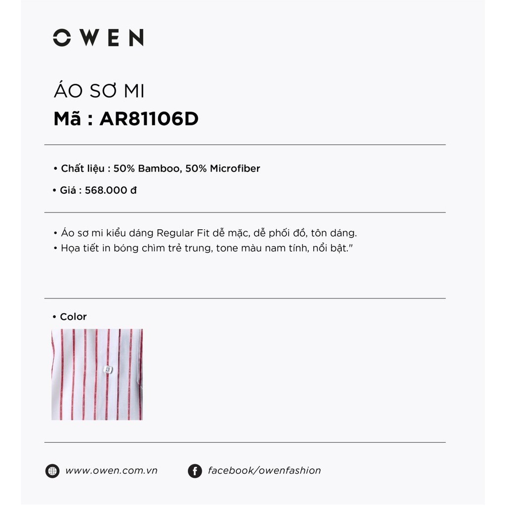 OWEN - Áo sơ mi dài tay Owen Regular fit chất sợi tre kẻ sọc đỏ in vân chìm 81106