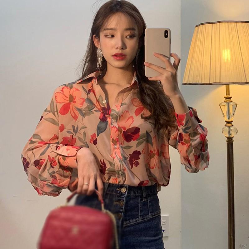 Áo Nữ Tay Dài Cổ Chữ V In Hoa Thời Trang Hàn Quốc