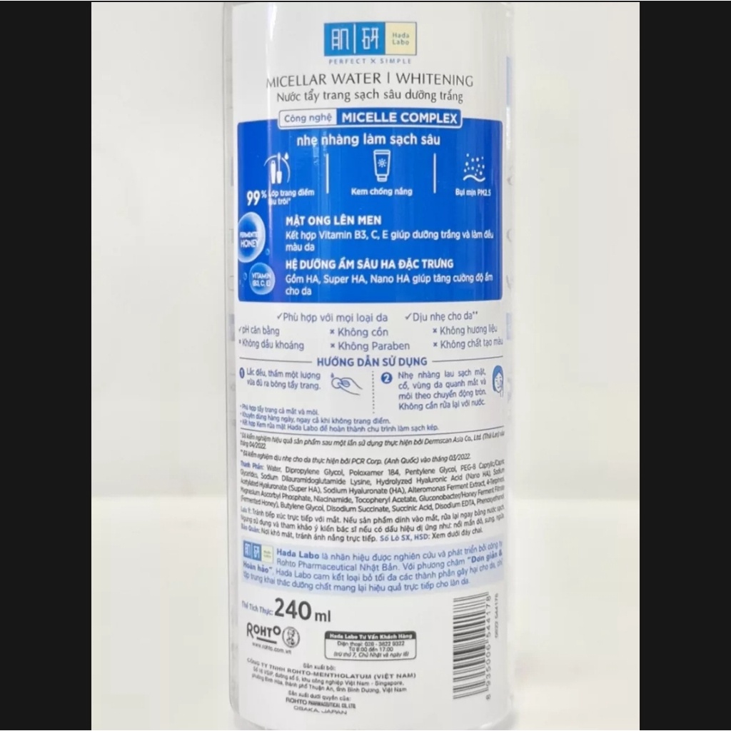 Nước Tẩy Trang Sạch Sâu HADA LABO Dưỡng Trắng Hoặc Dưỡng Ẩm Micellar Water 240ml