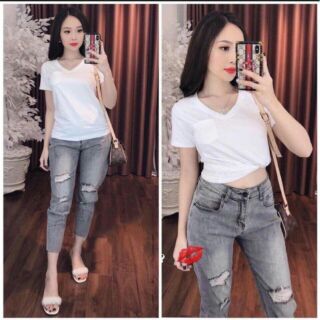 Áo thun cổ tim pull&bearr- Kèm video cận chất vải
