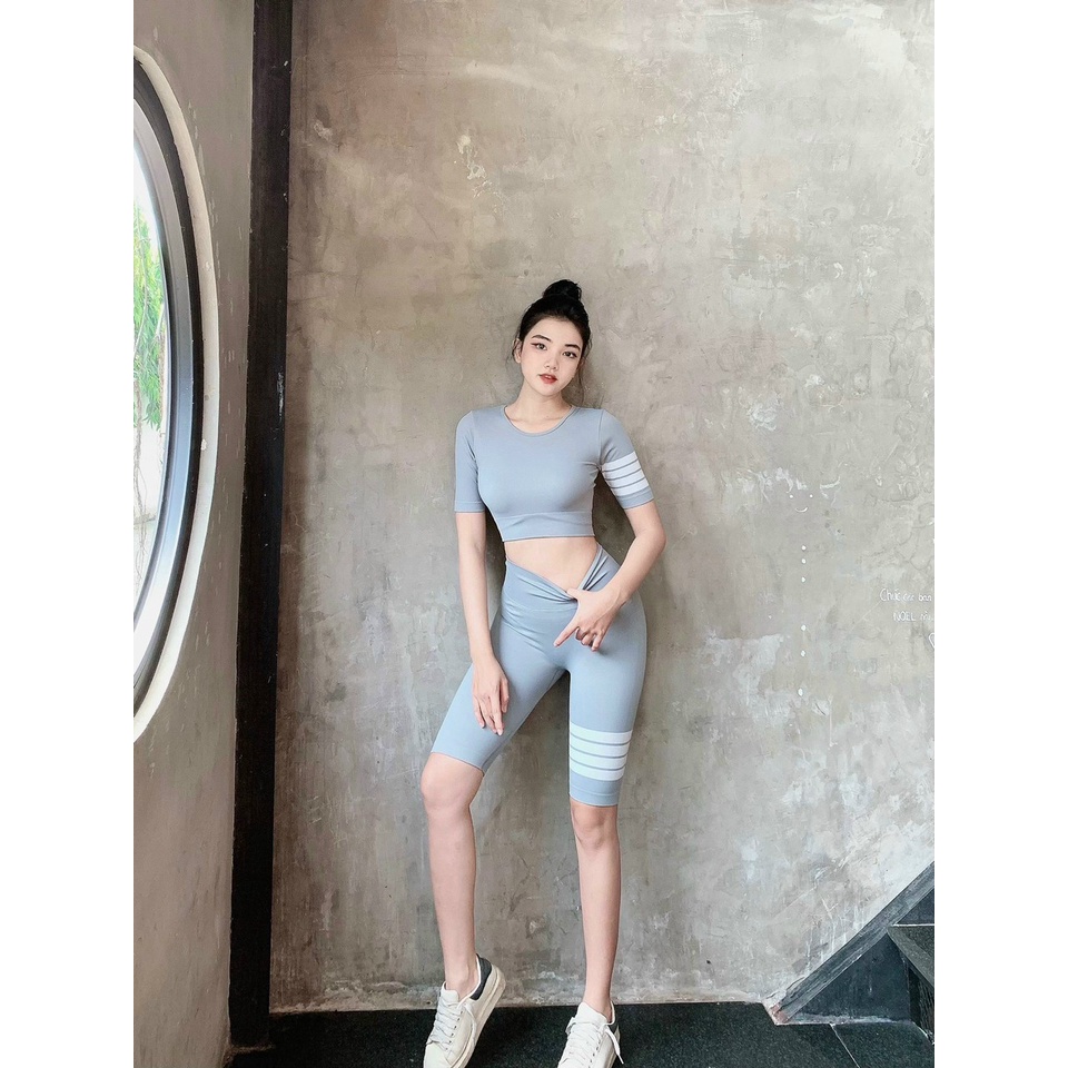 Set bộ đồ tập gym yoga nữ dệt kim áo crop ngắn tay, quần đùi ngố chun mông cao cấp Bin Sports BL023