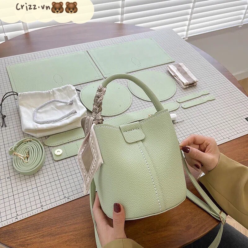 GRIZZ_G38/Túi Xách Da Sần Kèm Nơ Lụa DIY Tự May Handmade