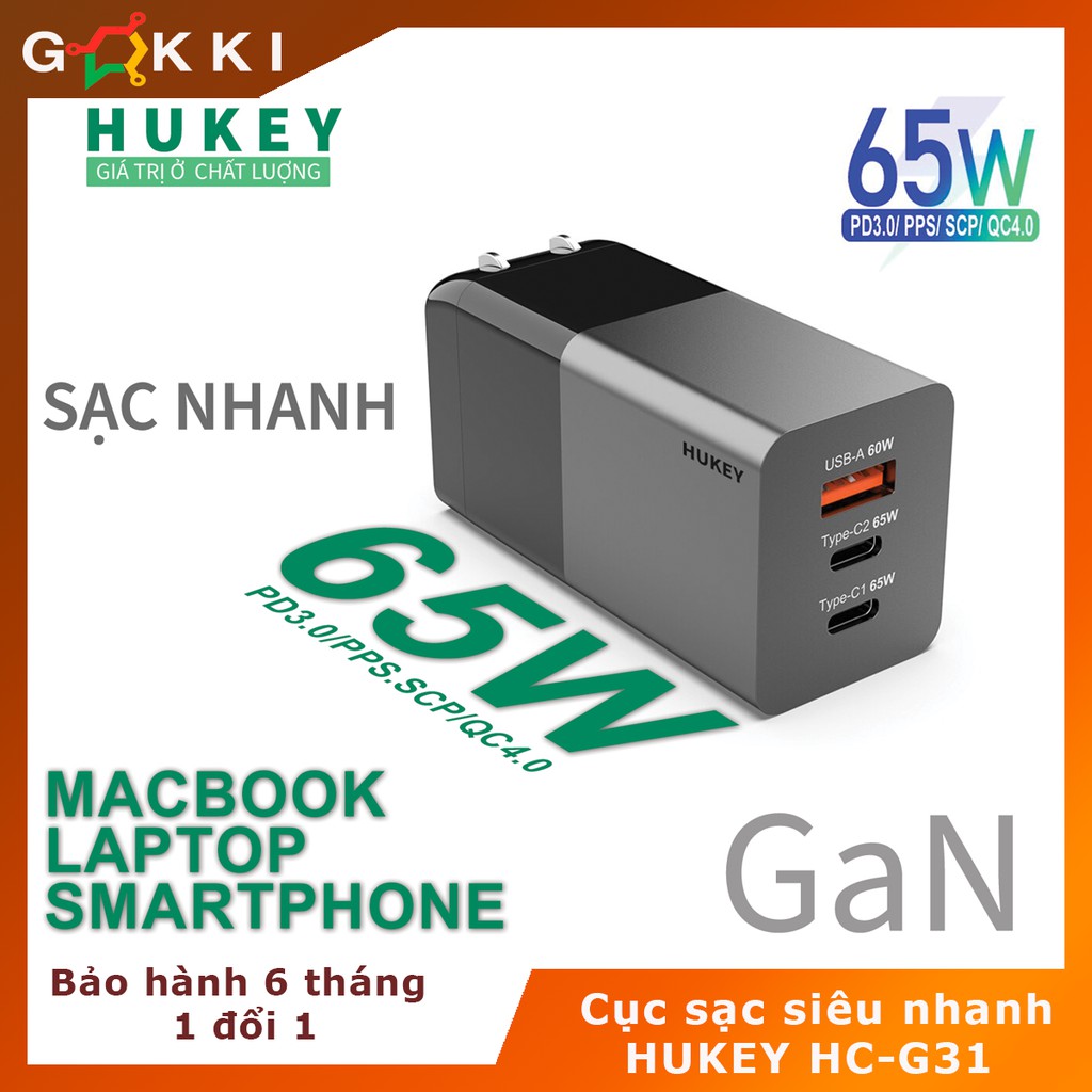 Củ sạc nhanh GaN 65W Hukey HC-G31 3 cổng sạc cho điện thoại, macbook, iphone hỗ trợ sạc nhanh