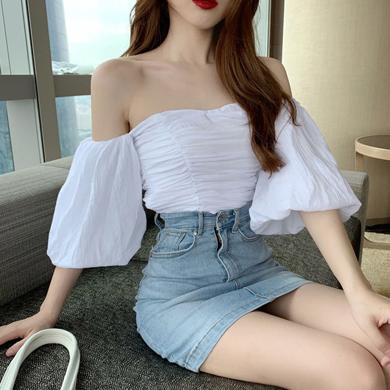 Áo Croptop Trễ Vai Tay Ngắn Dáng Ôm Màu Sắc Trơn Phong Cách Hàn Quốc Thời Trang Cho Nữ