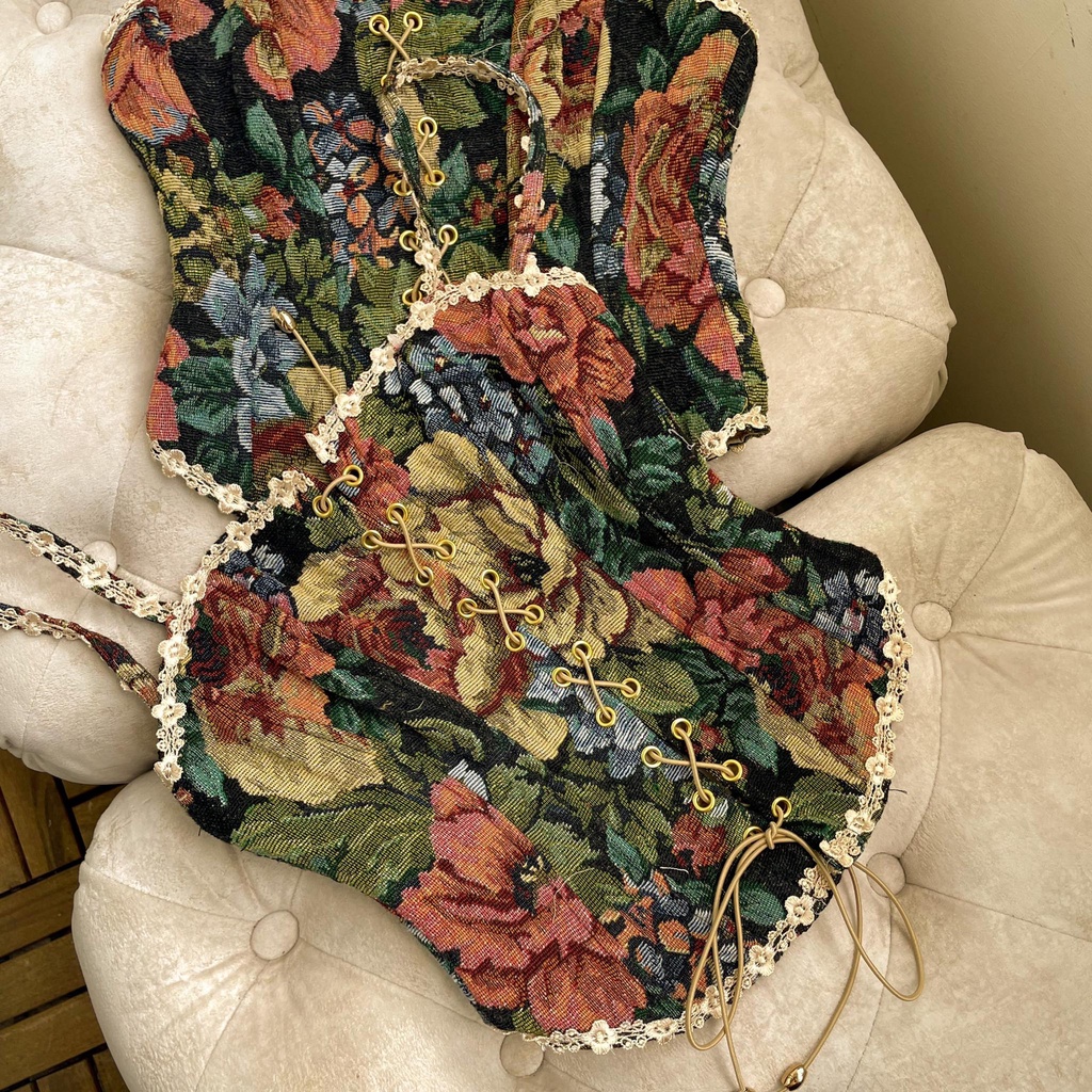 ÁO CORSET DẠ HỌA TIẾT THÊU HOA ĐAN DÂY C2274