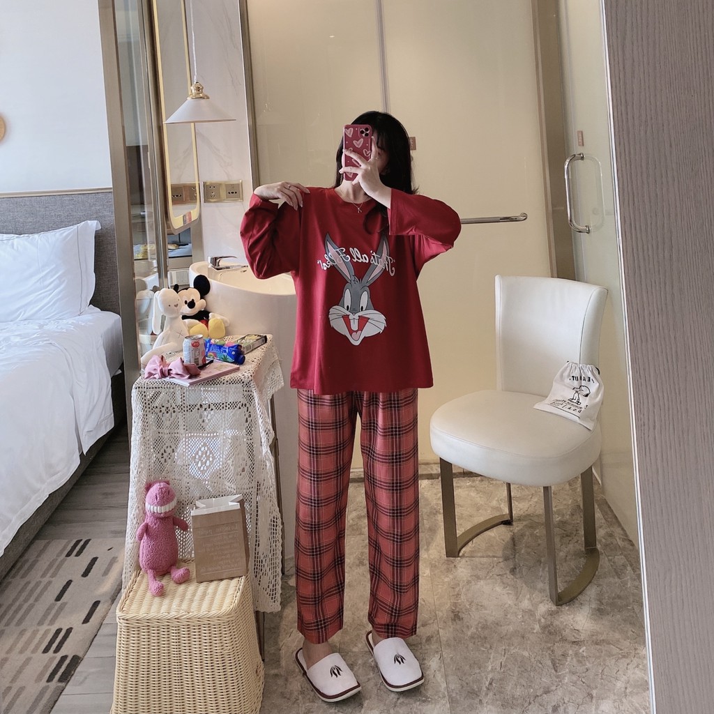 Bộ ngủ pijama dài tay quần kẻ nhiều màu