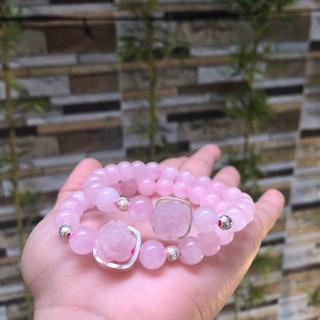 Vòng tay hoa mẫu đơn thạch anh hồng mix bạc 925