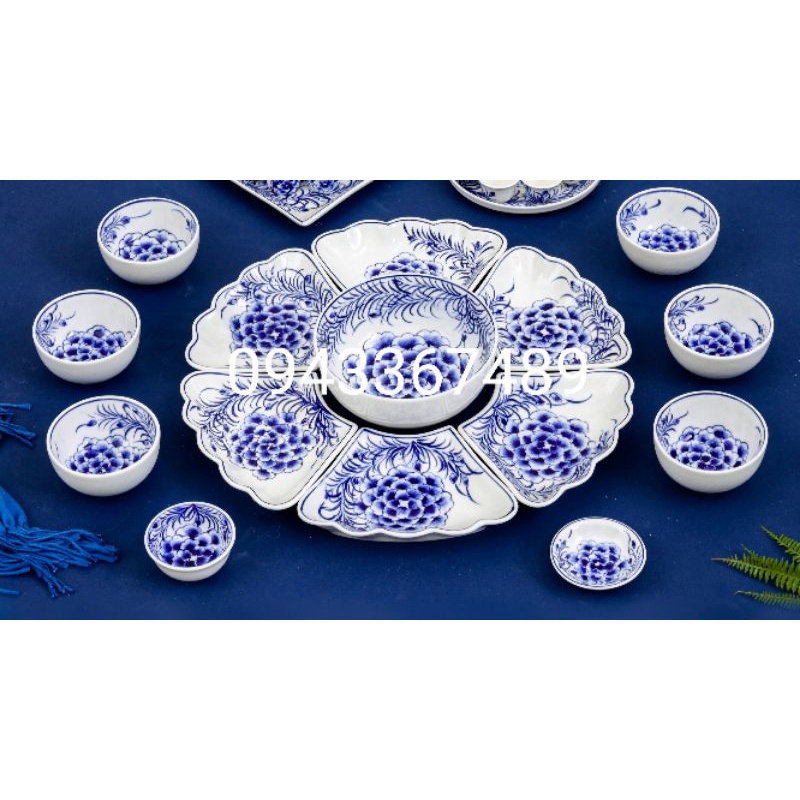 . Bộ bát đĩa vẽ cẩm tú cầu ĐK 48cm. Hàng sứ Bát Tràng.