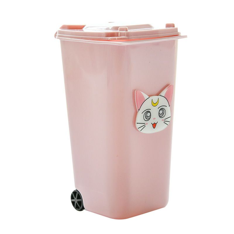 Ống cắm bút màu hồng xinh xắn, thùng rác mini để bàn học có nắp đậy
