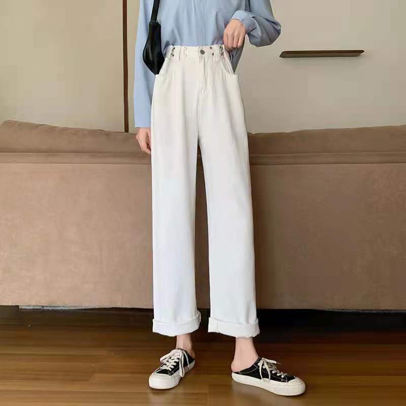 Quần jeans dài lưng cao ống rộng phối khuy gài eo đơn giản thời trang mùa thu dành cho nữ hàng loại 1