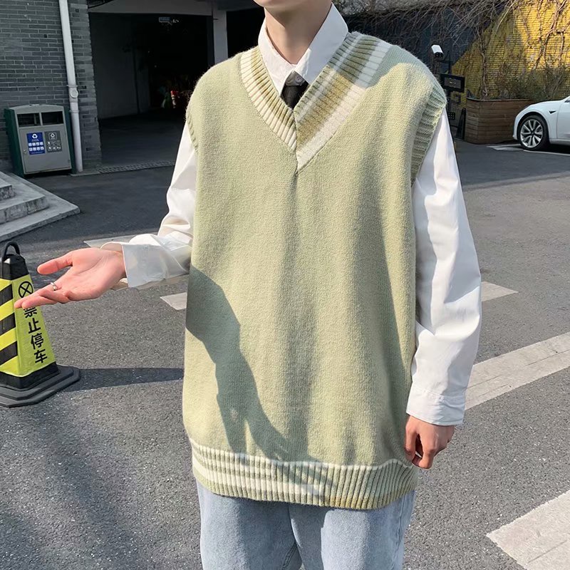 Áo Sweater Dệt Kim Unisex Cổ Chữ V Không Tay Phong Cách Hàn Quốc 4 Màu Sắc Size M-3XL