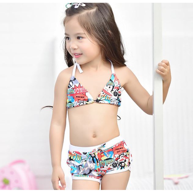 Bộ đồ bơi bikini kèm áo khoác chú khỉ miệng rộng Hàn Quốc bé gái