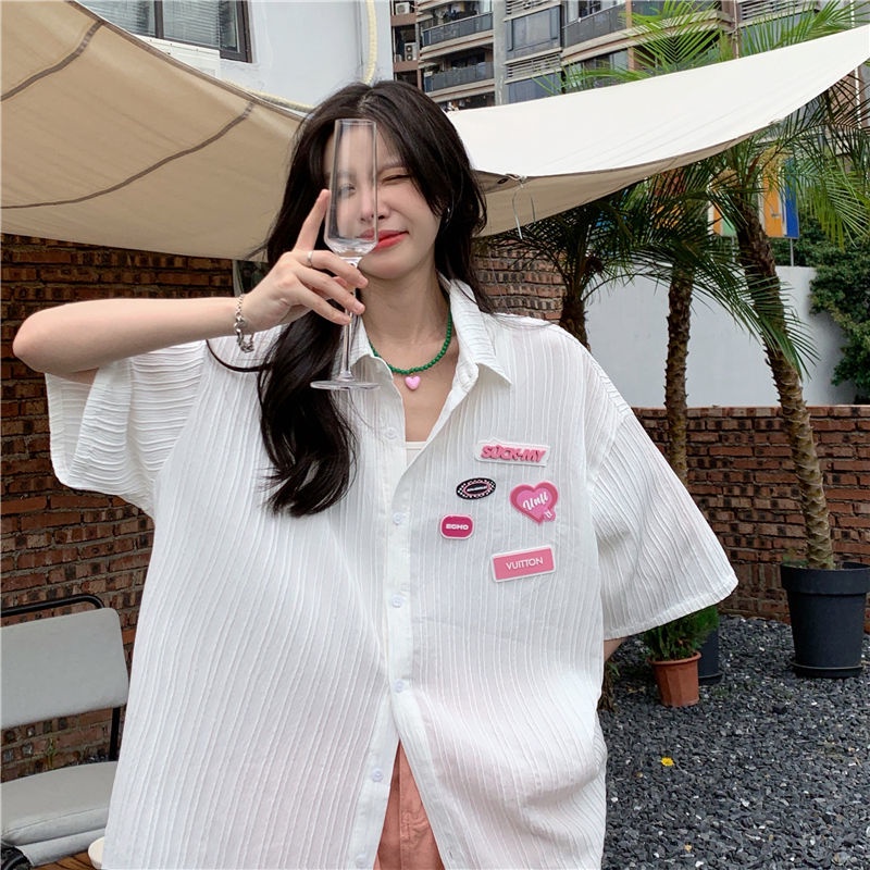 Áo Sơ Mi Ngắn Tay Dáng Rộng Họa Tiết Kẻ Sọc Thời Trang Mùa Hè Cho Nữ