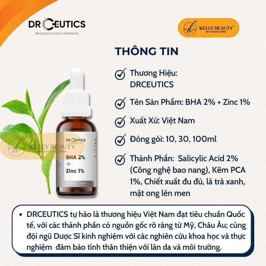 Serum Mụn DrCeutics - Cải Thiện &amp; Ngừa Mụn; Giúp Kiềm Dầu, Thông Thoáng LCL - BHA 2% + Kẽm PCA 1% | Kelly Beauty