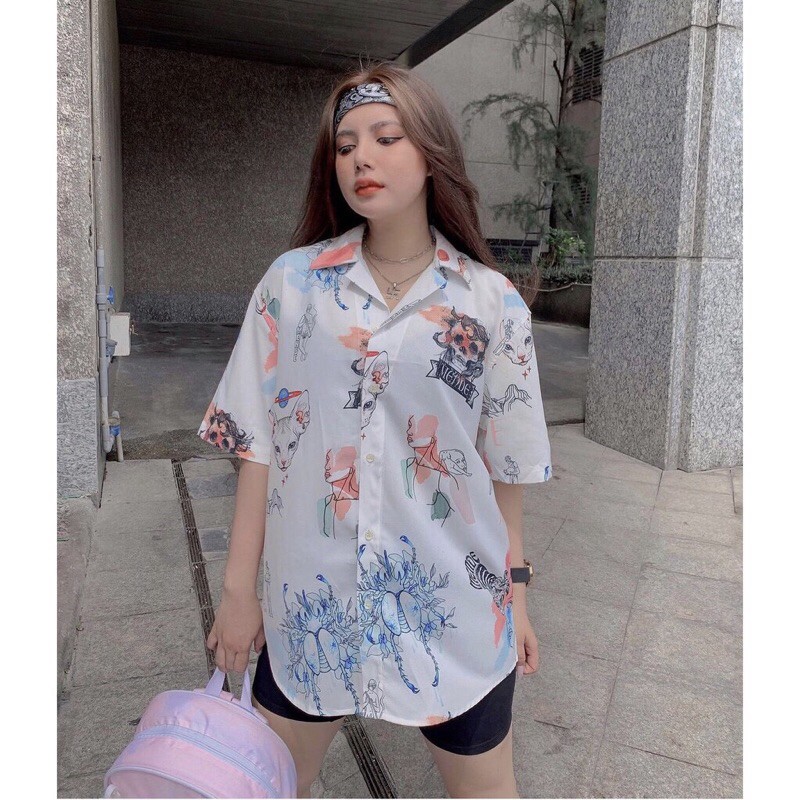 Áo Sơ Mi Họa Tiết CRAYON CAT Tay Ngắn Cổ Vest Nam Nữ Unisex Vải Lụa Chéo