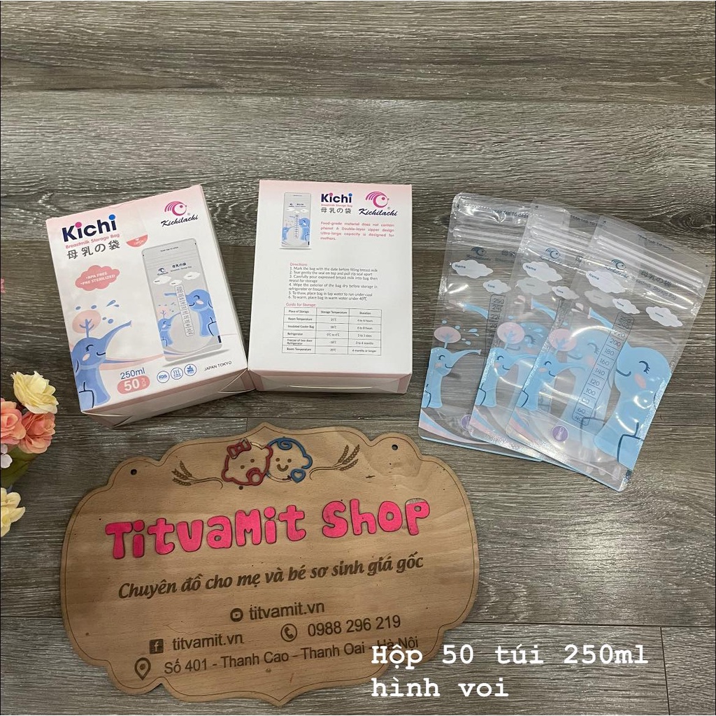 Hộp 50 túi trữ sữa Kichilachi 250ml con voi khử trùng an toàn cho bé