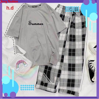 Sét Bộ Quần Áo Nữ Ngắn Tay Mặc Đi Chơi, Áo Phông  Xám Cotton In  Chữ Summer Mix Quần Ống Rộng Kẻ Siêu Xinh