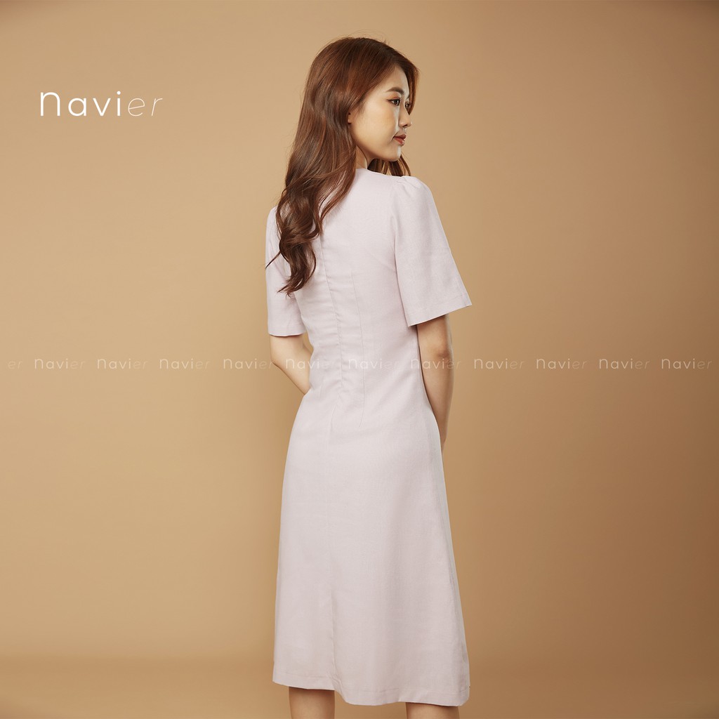ĐẦM DÀI TAY PHỒNG DÁNG ÔM - VÁY THIẾT KẾ CỔ V CÔNG SỞ ĐI CHƠI DỰ TIỆC LINEN DRESS D03 NAVIER | BigBuy360 - bigbuy360.vn
