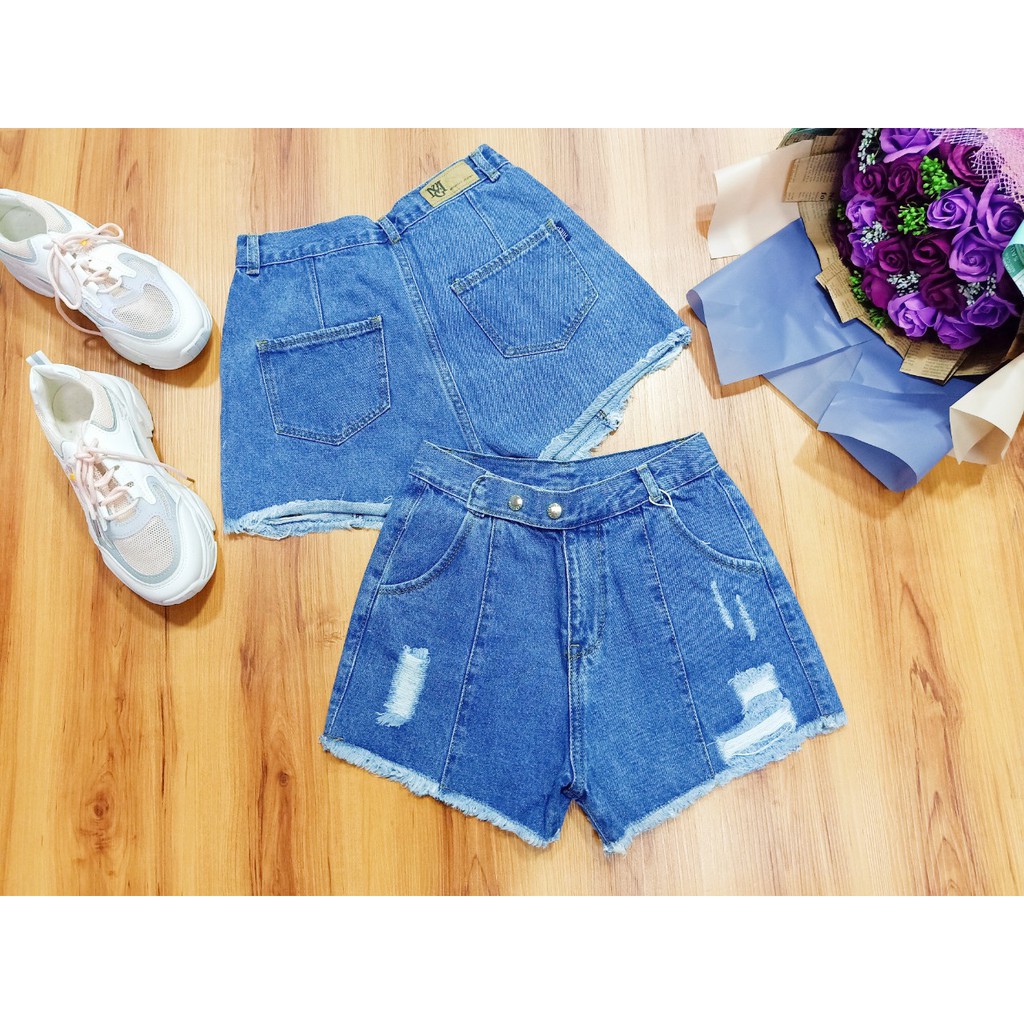 Quần sọt jean nữ lưng cao phối khoen lưng