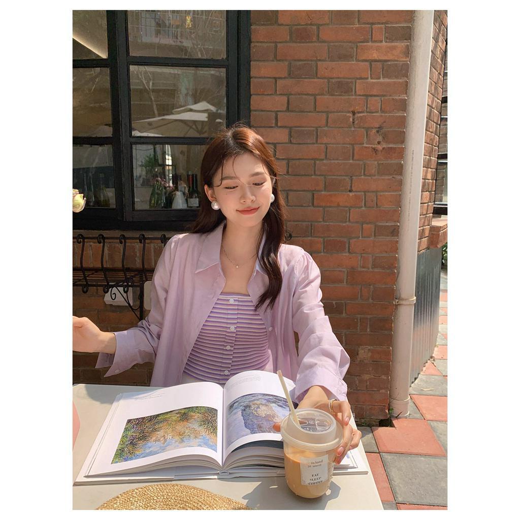 Set Áo Hai Dây Họa Tiết Kẻ Sọc + Áo Sơ Mi Màu Trơn Chống Nắng Thời Trang Xuân Hè Hàng Mới 64058